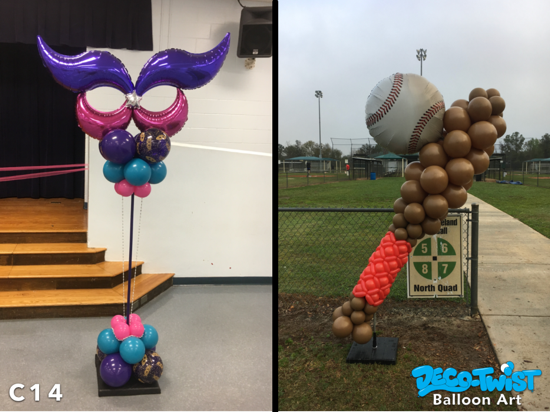 This image shows two creative balloon columns with themed designs: On the left, there is a Mardi Gras–inspired column featuring large foil balloons shaped like a purple and pink masquerade mask at the top. The column is built with teal, pink, purple, and patterned balloons, giving it a festive and colorful appearance. On the right, there is a sports-themed column shaped like a baseball bat with a large baseball balloon at the top. The bat is constructed from brown balloons, with a red balloon section near the bottom representing the grip. Both designs are decorative and tailored for themed events or celebrations.