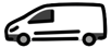 This image is a simple, cartoon-style graphic of a white delivery van with black windows, wheels, and accents. It’s shown from a side view, facing left.